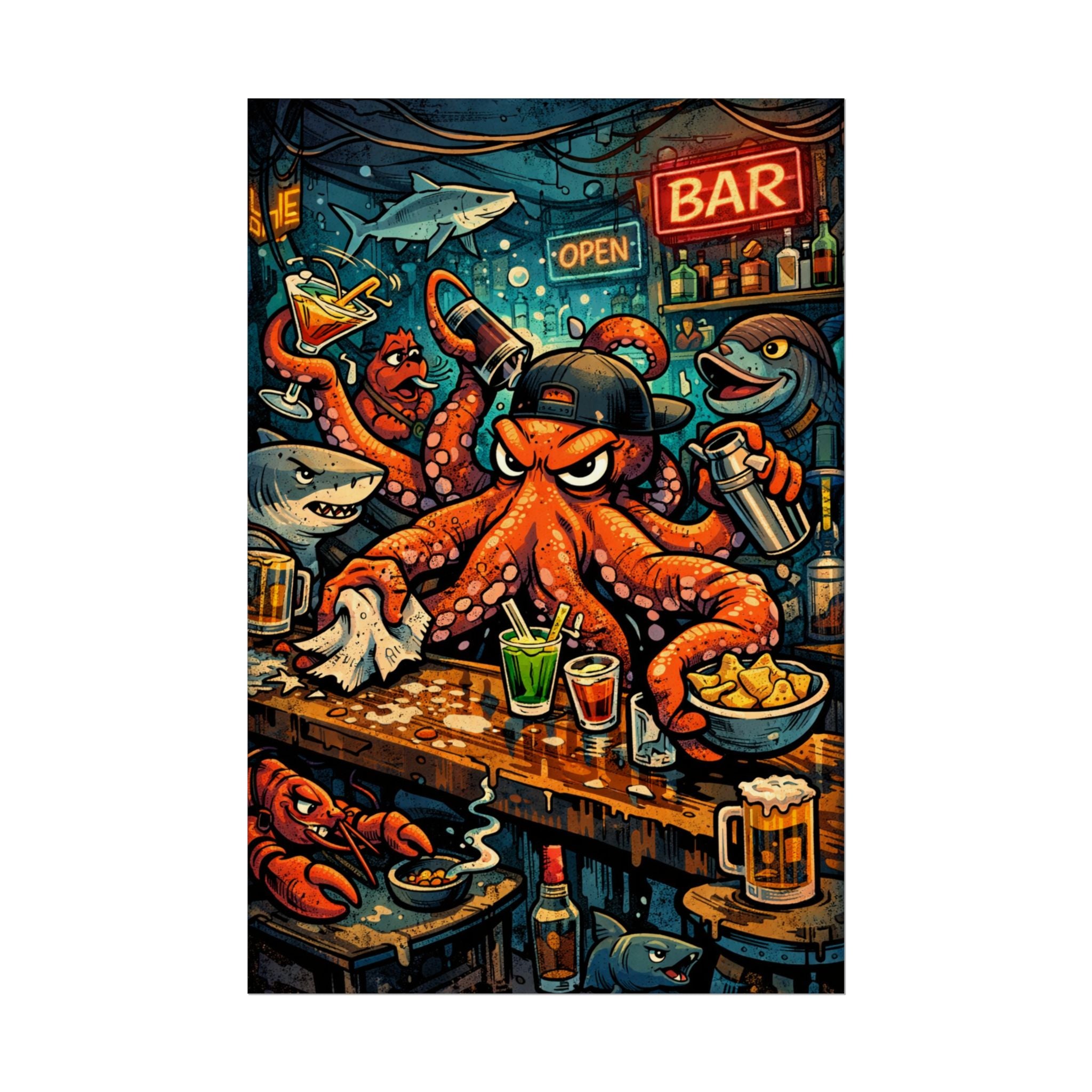 Octopus Bar Poster — Humorous Nautical Party Art Print