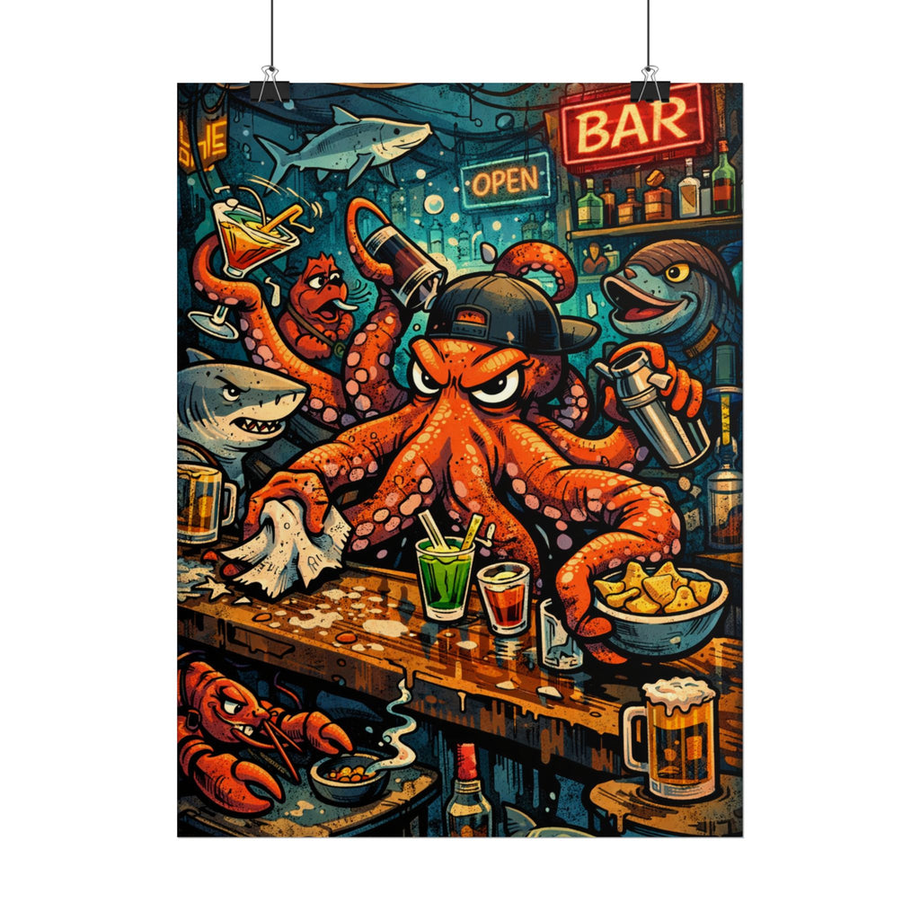 Octopus Bar Poster — Humorous Nautical Party Art Print