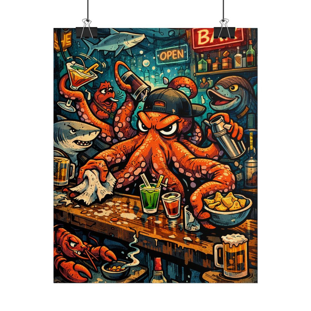 Octopus Bar Poster — Humorous Nautical Party Art Print