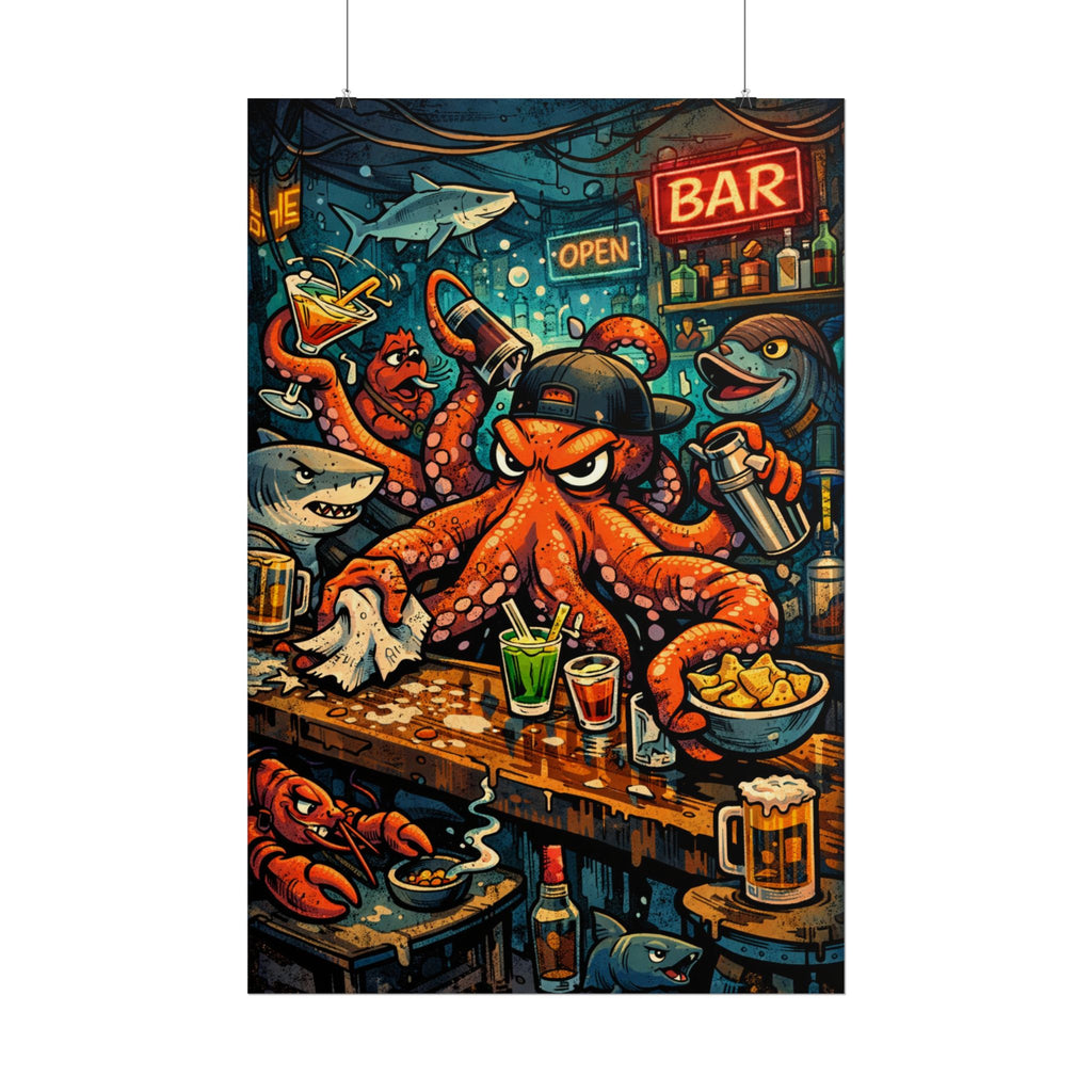 Octopus Bar Poster — Humorous Nautical Party Art Print