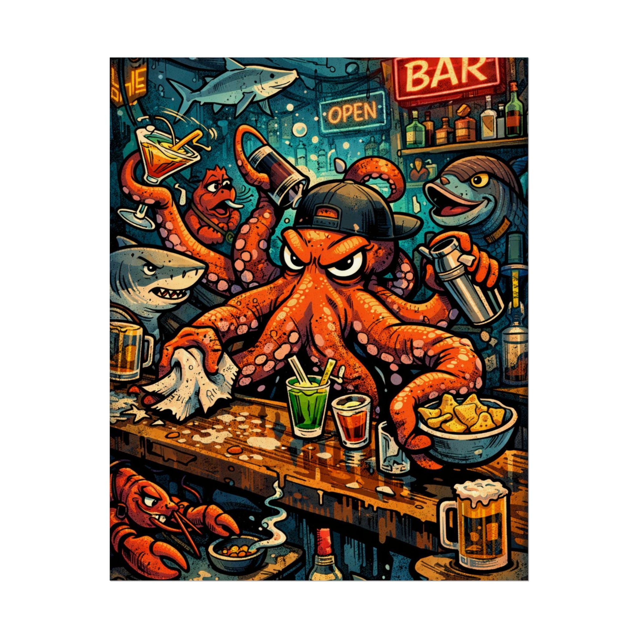 Octopus Bar Poster — Humorous Nautical Party Art Print