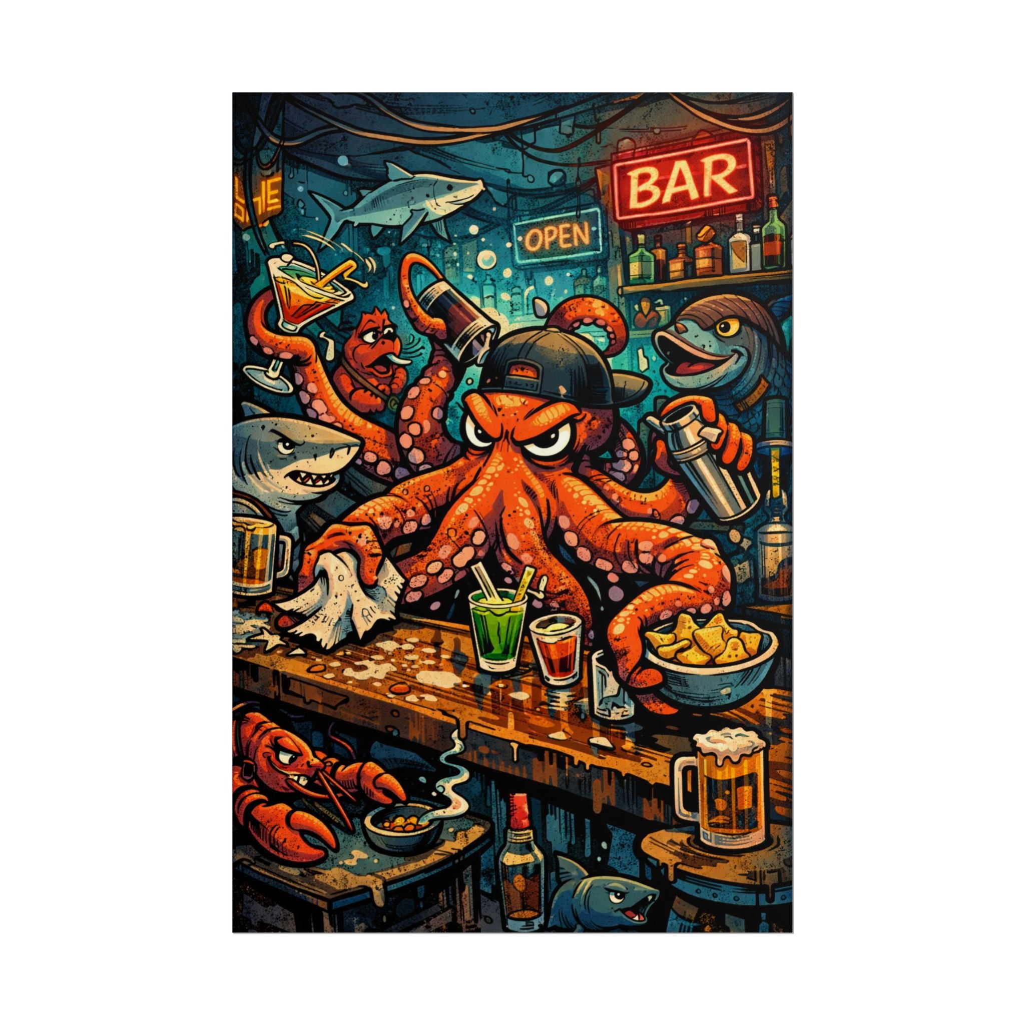 Octopus Bar Poster — Humorous Nautical Party Art Print