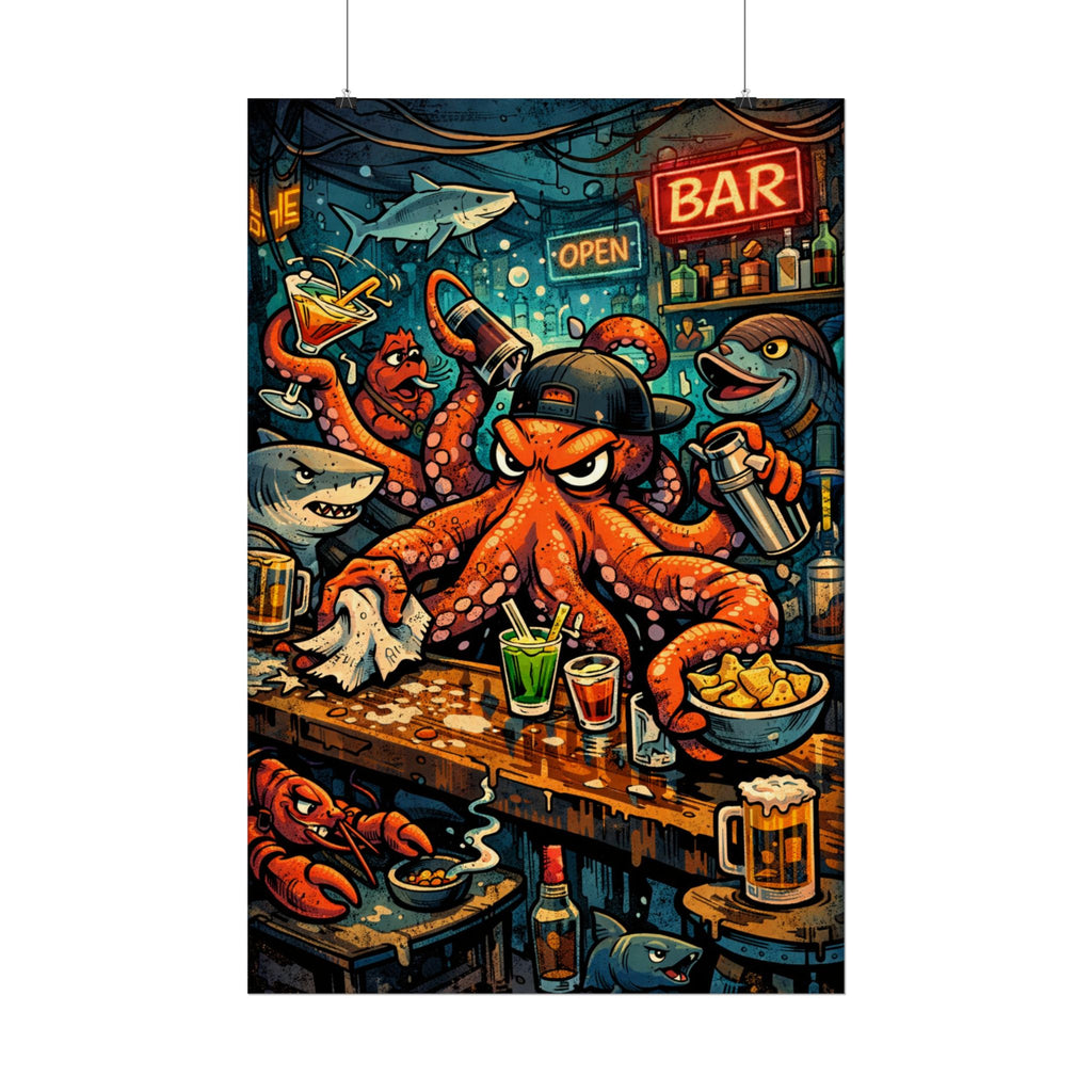 Octopus Bar Poster — Humorous Nautical Party Art Print