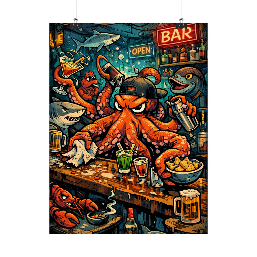 Octopus Bar Poster — Humorous Nautical Party Art Print