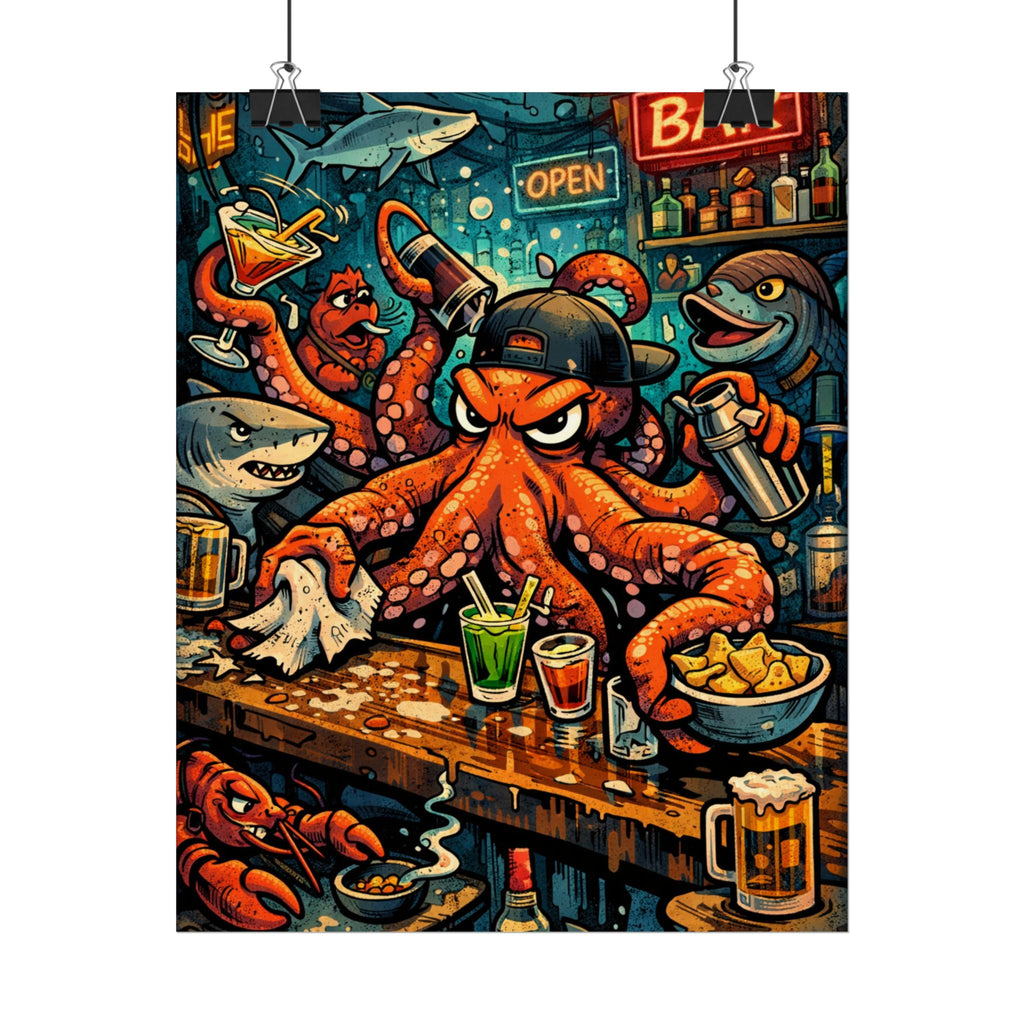 Octopus Bar Poster — Humorous Nautical Party Art Print