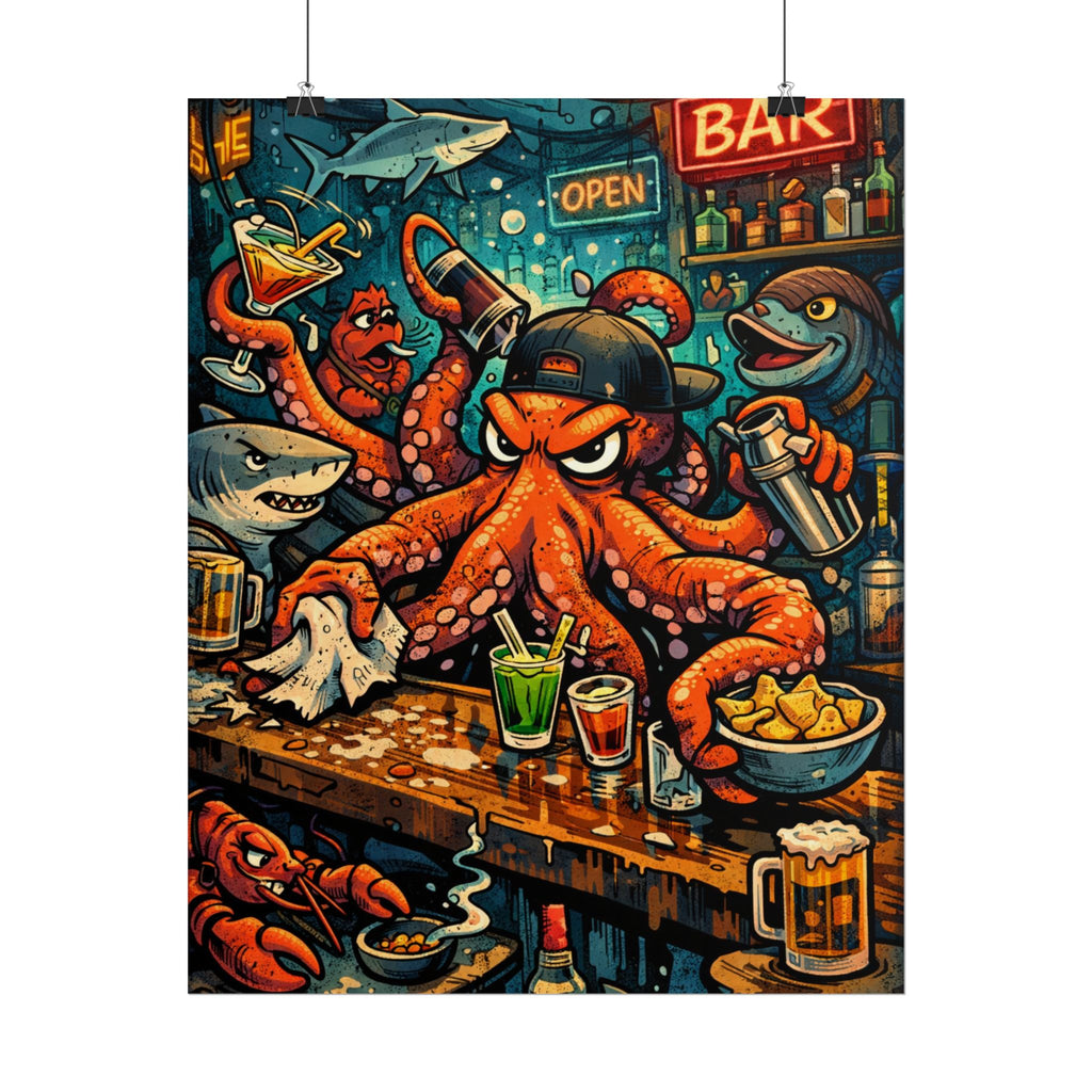 Octopus Bar Poster — Humorous Nautical Party Art Print