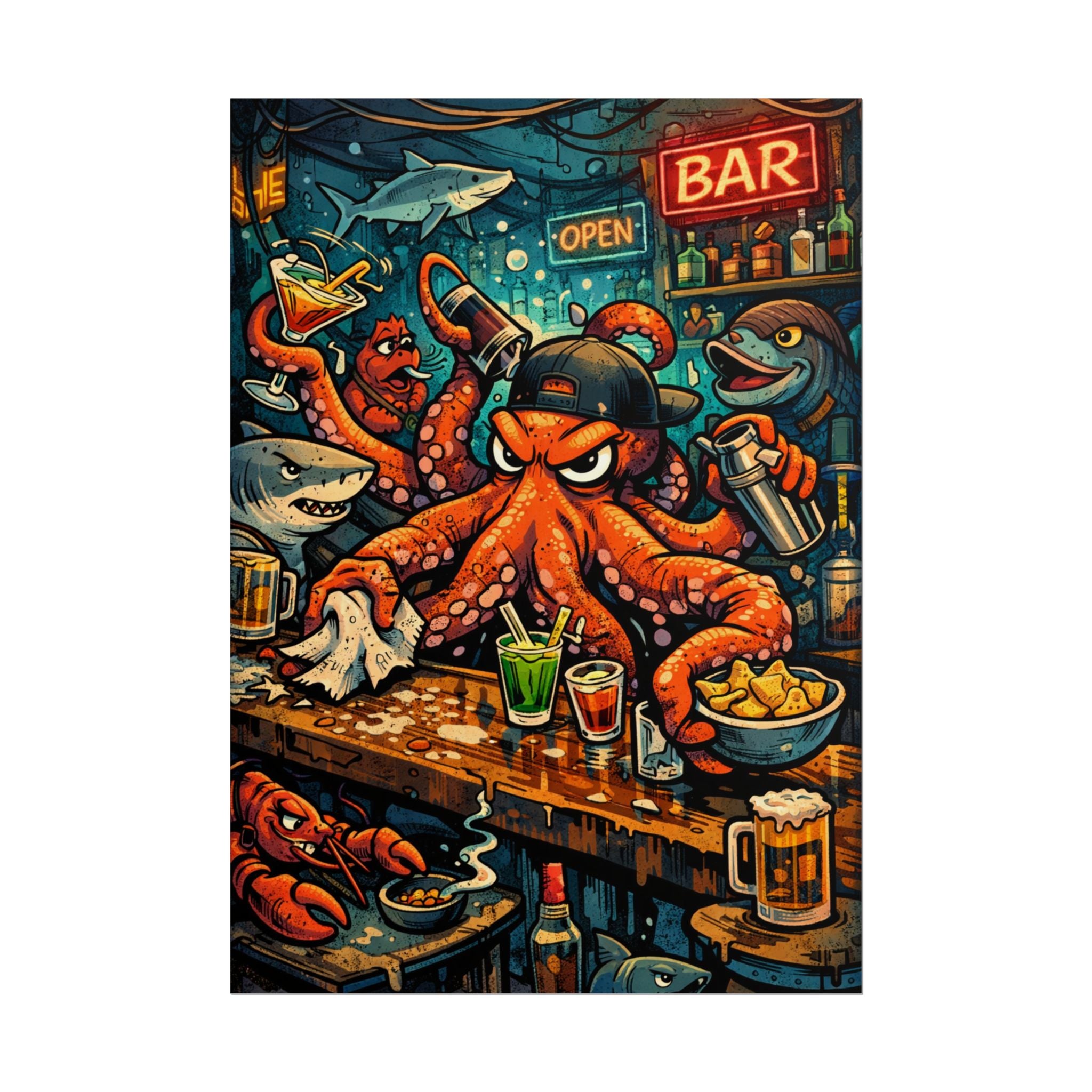 Octopus Bar Poster — Humorous Nautical Party Art Print