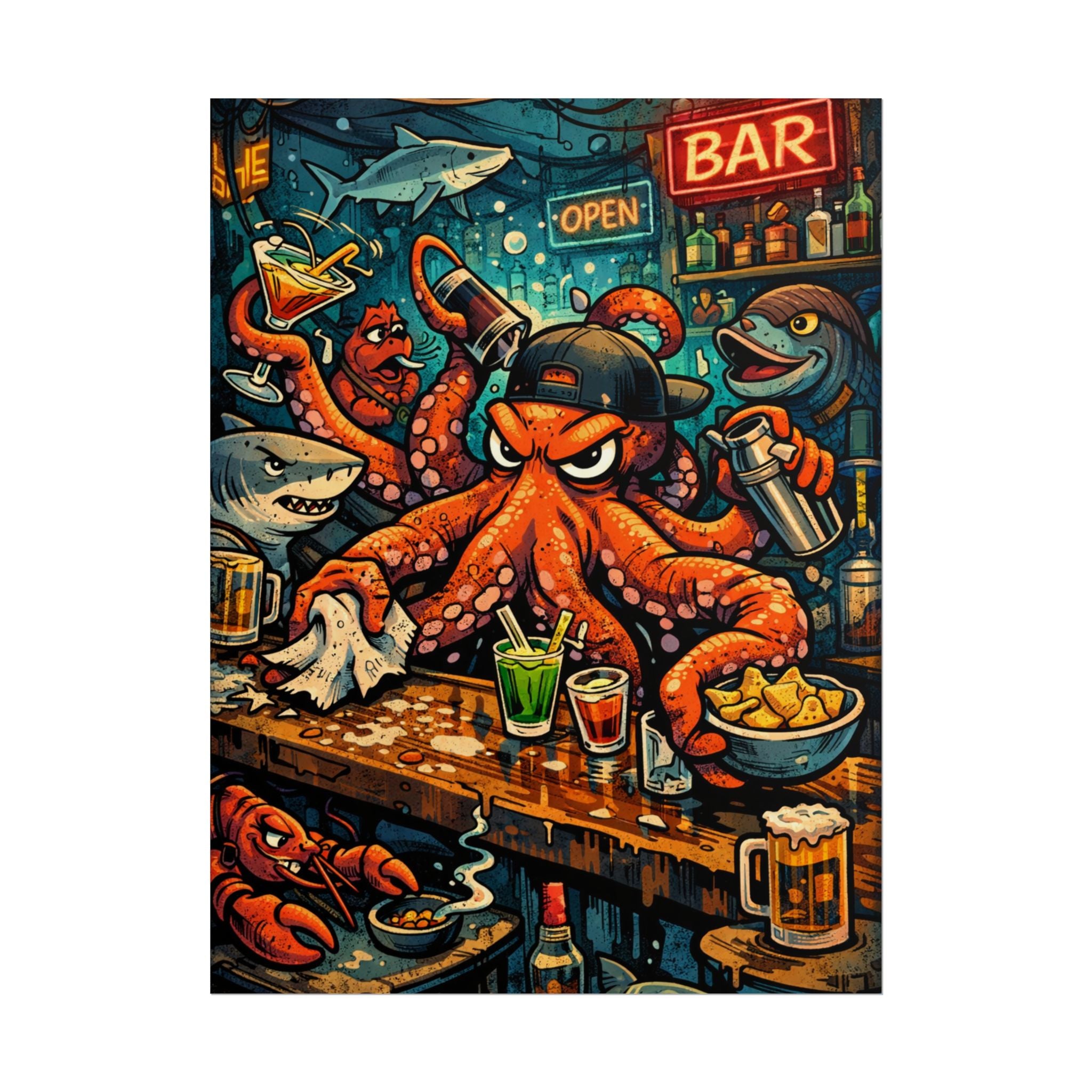 Octopus Bar Poster — Humorous Nautical Party Art Print